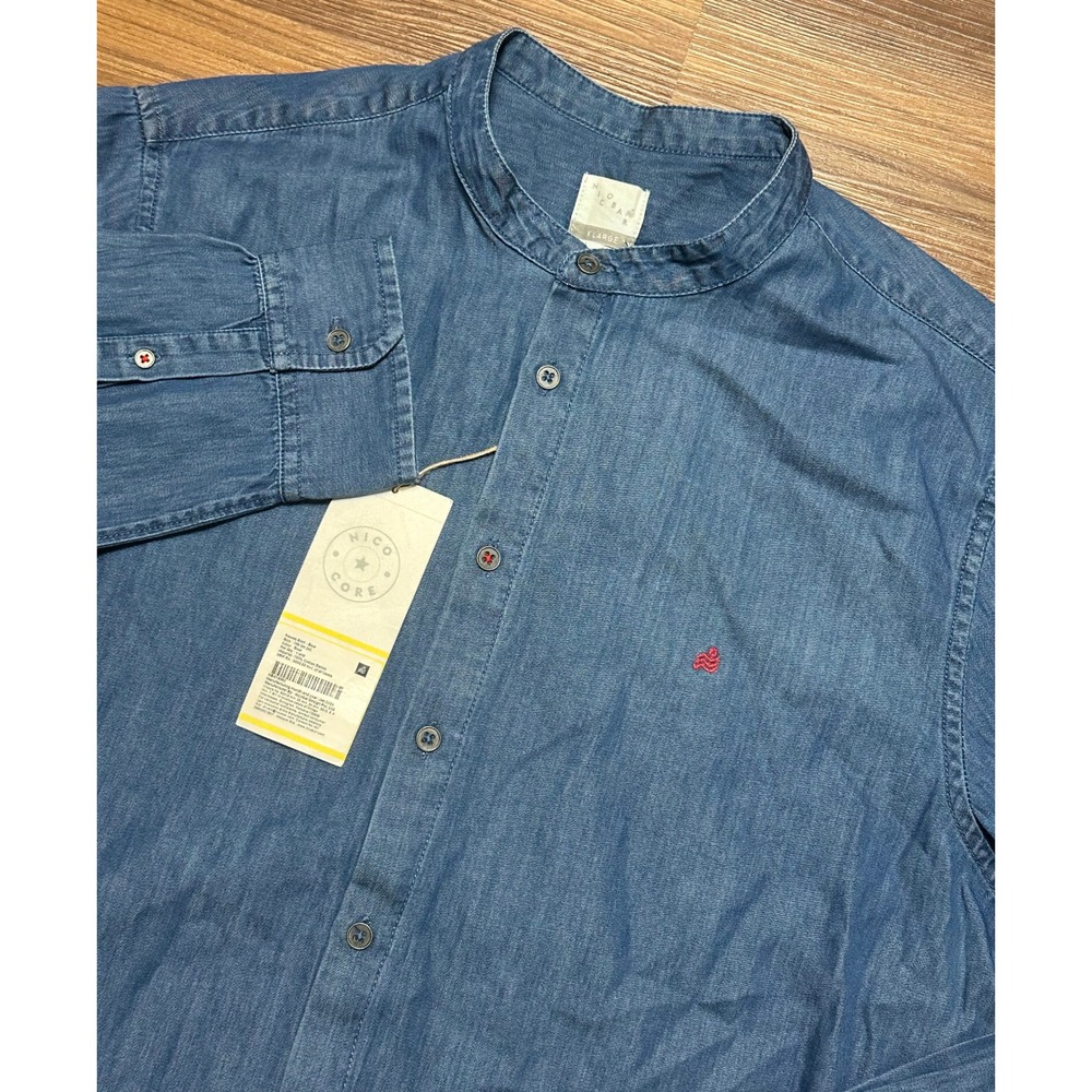Nicobar Nawab Blue Denim Mandarin Collar Shirt Cotton Long Sleeve Sz XL Slim